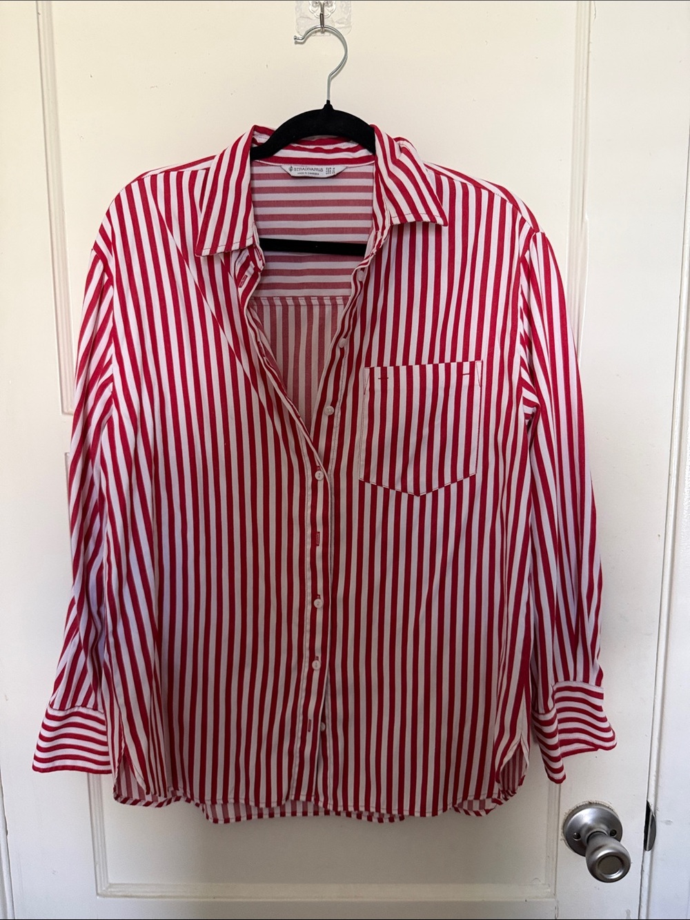 stradivarius Red and White Vertical Stripe Button-Up Blouse